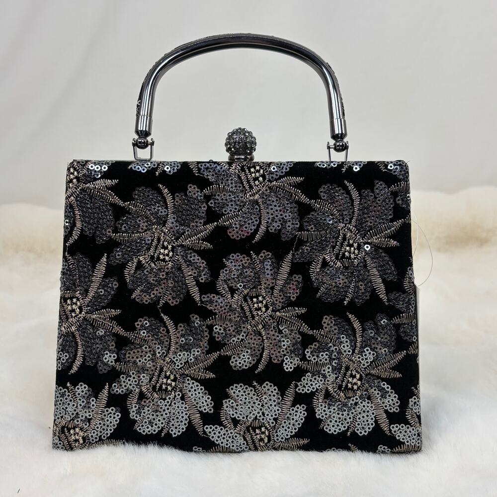 d'margeaux‎ New York Black Velvet Sequin Floral Evening Bag Y2K Glam Box Clutch